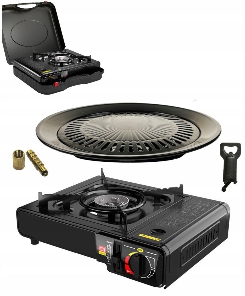 17987a324aec112a123942409649a449.jpg KUCHENKA GAZOWA TURYSTYCZNA PRZENOŚNA SURVIVAL + GRILL Z WALIZKĄ CZARNA 2w1 - obrazek 1