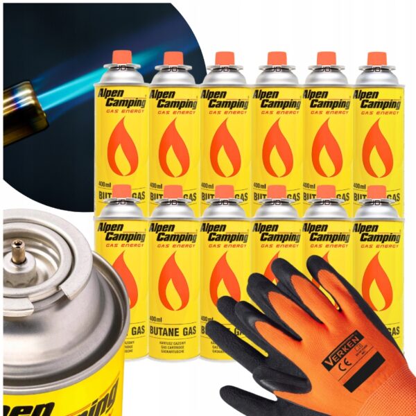 ZESTAW 12 SZTUK KARTUSZE ALPEN CAMPING GAZ 400ml + RĘKAWICE VERKEN GRATIS