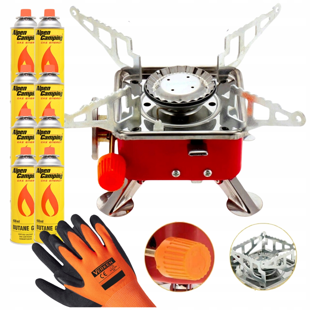 58907fbe879b948f6674d62873998fa1.jpg Kuchenka Gazowa Turystyczna Mini +8x Kartusz Alpen Camping +Rękawice Gratis - obrazek 1