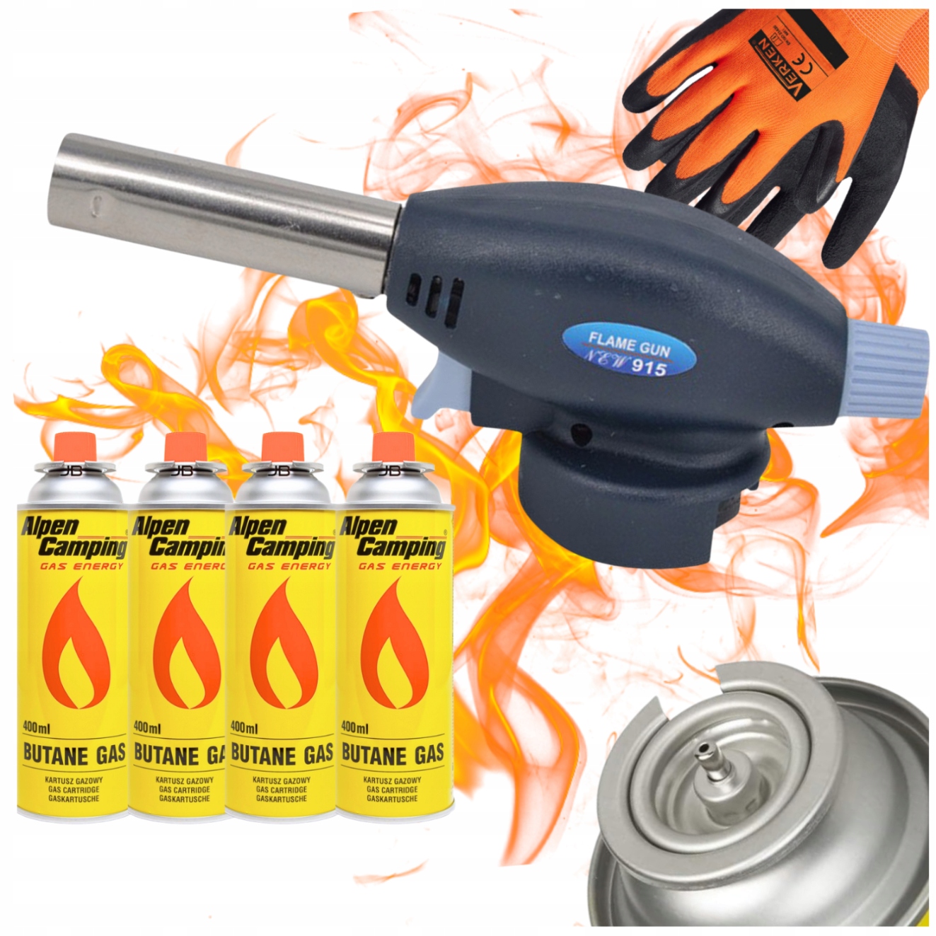 5a0fd0e597b7e2e5531b65f73d6311f7.jpg Palnik Gazowy FLAME GUN G-915 Lutlampa 4x Kartusz Gaz Alpen Rękawice Gratis - obrazek 1