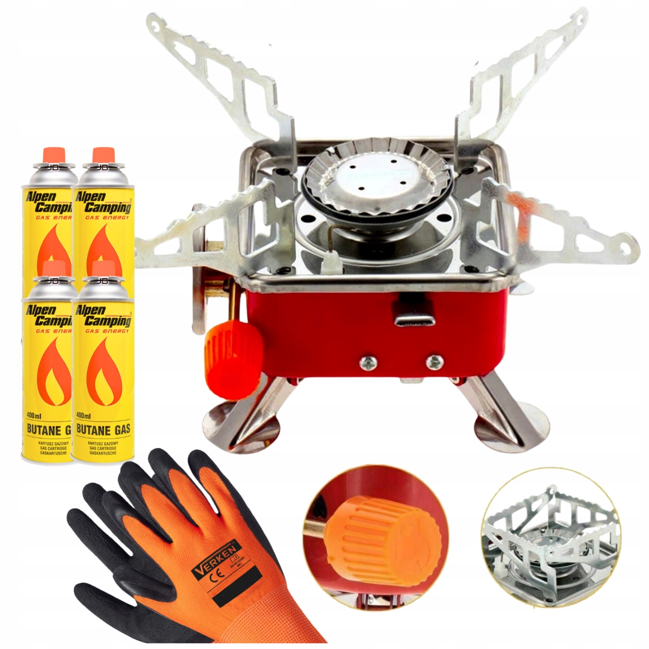 698e9acb43f49c9d43eeb5c24f0218c0.jpg Kuchenka Gazowa Turystyczna Mini +4x Kartusz Alpen Camping +Rękawice Gratis - obrazek 1