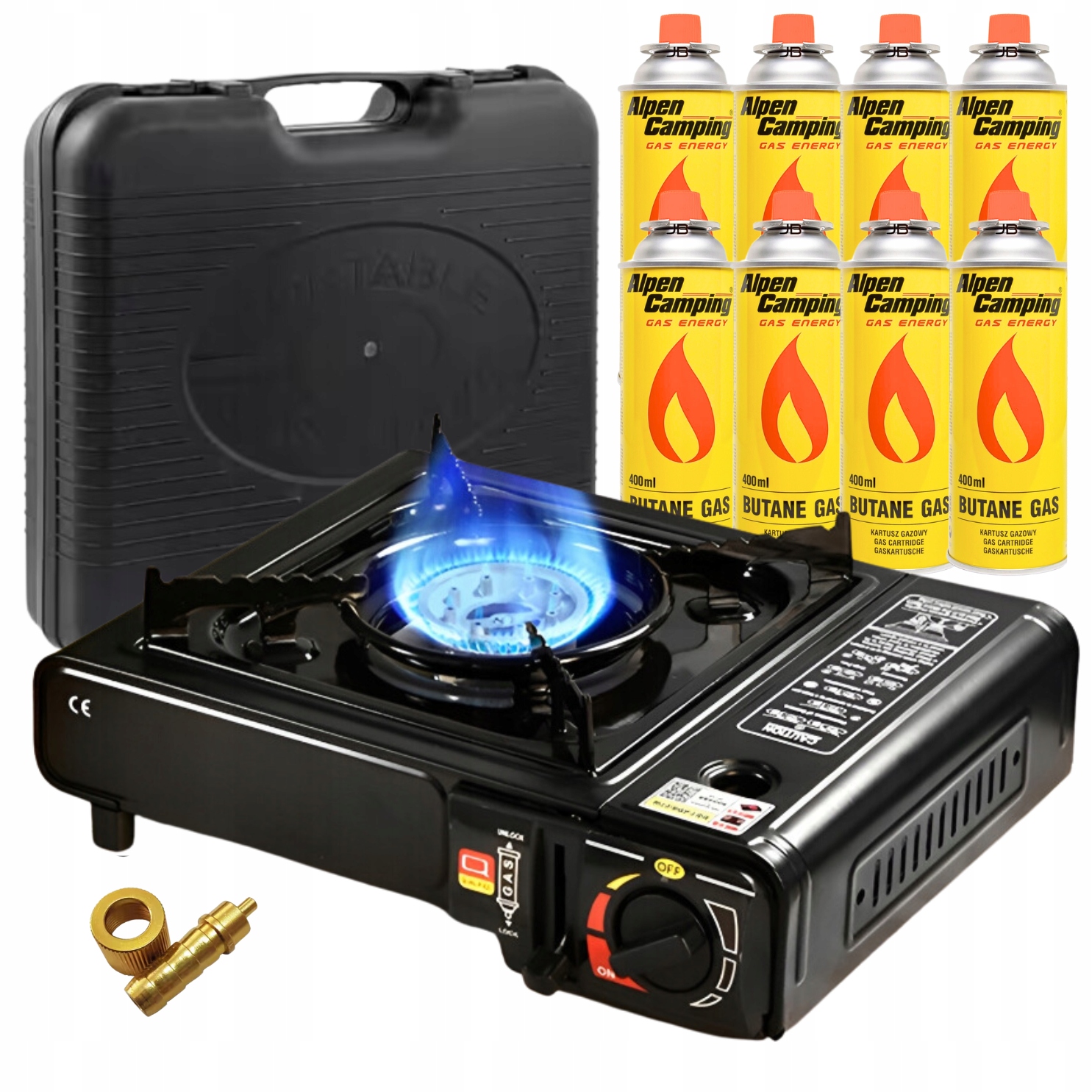 6aed6941d24b8e23adbbf751ee828df3.jpg Kuchenka Gazowa Turystyczna 2w1 z Reduktorem + 8x Kartusz Alpen Camping Gaz - obrazek 1