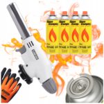 Palnik Gazowy FLAME GUN 920 Ceramiczny Piezo 4 Kartusz Alpen Rękawice Bialy