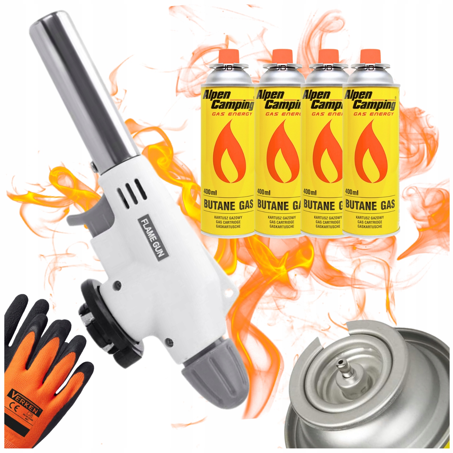 6be0c9790865e9b11d0f5db80b2242fe.jpg Palnik Gazowy FLAME GUN 920 Ceramiczny Piezo 4 Kartusz Alpen Rękawice Bialy - obrazek 1