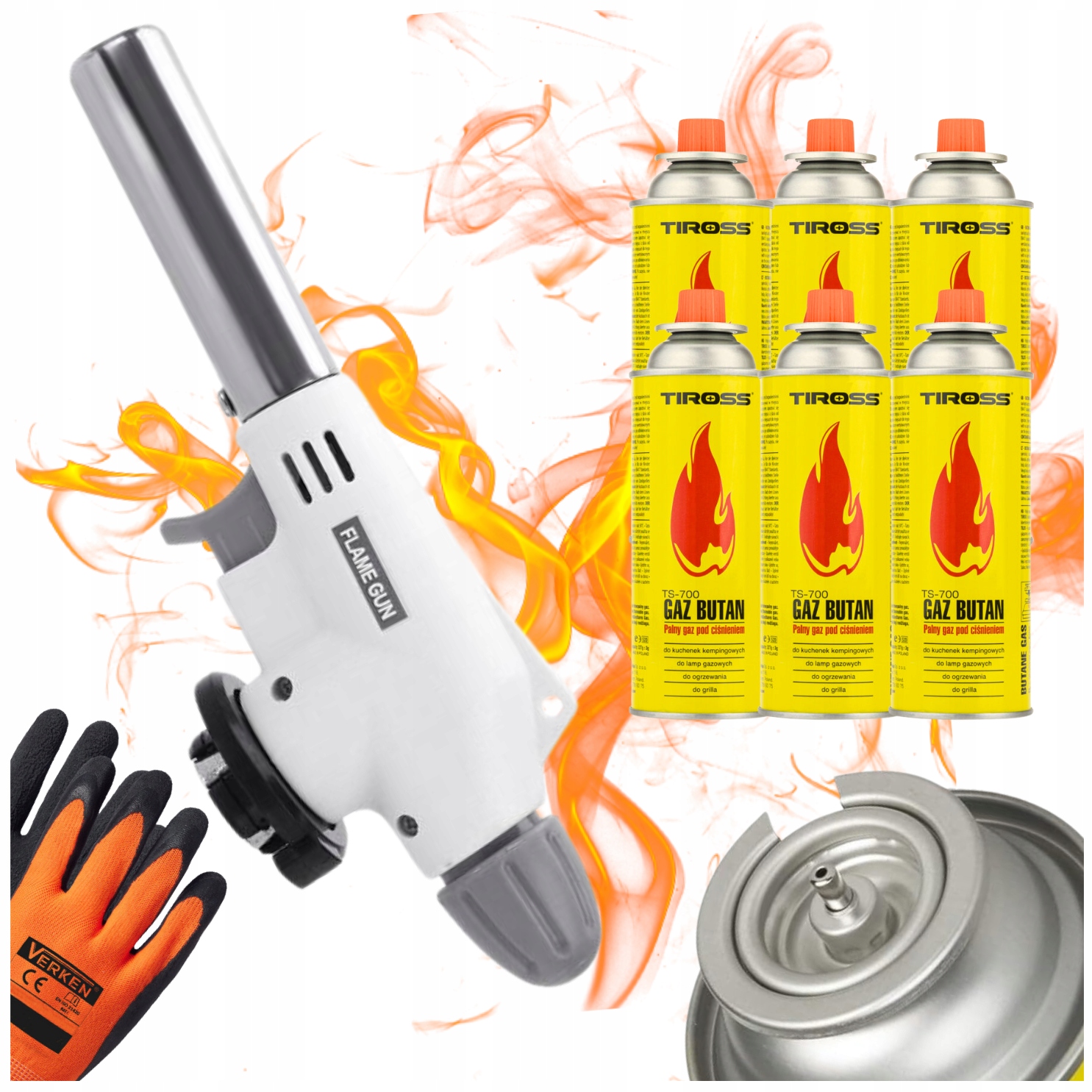 795582feaad8d04f220e1ff4a15cee9a.jpg Palnik Gazowy FLAME GUN 920 Ceramiczny Piezo 6x Kartusz Tiross Rękawiczki - obrazek 1