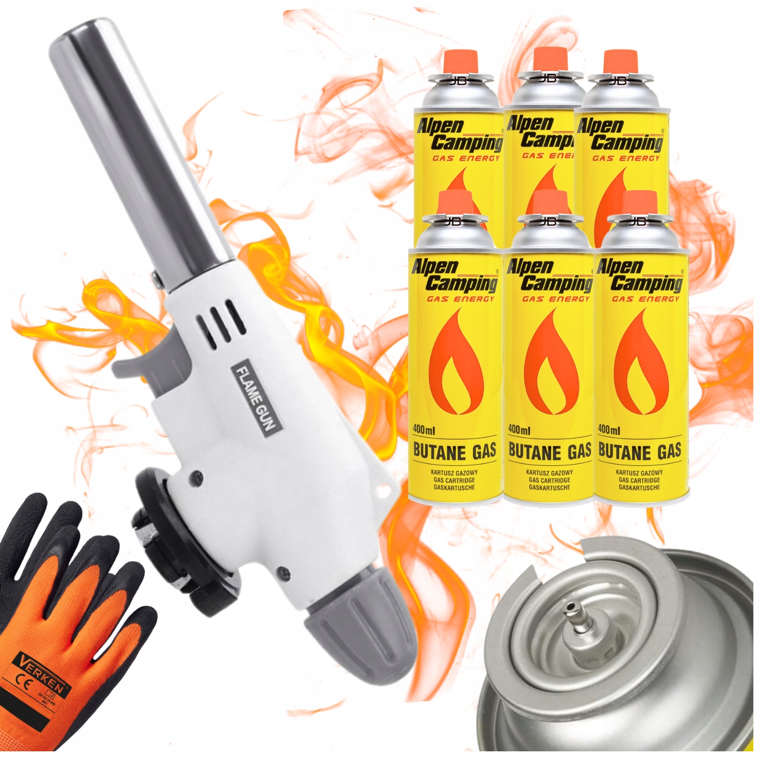 8b9fa0ebbf4f23b5e01e2b1b0aef804d.jpg Palnik Gazowy FLAME GUN 920 Ceramiczny Piezo 6x Kartusz Alpen Rękawice - obrazek 1