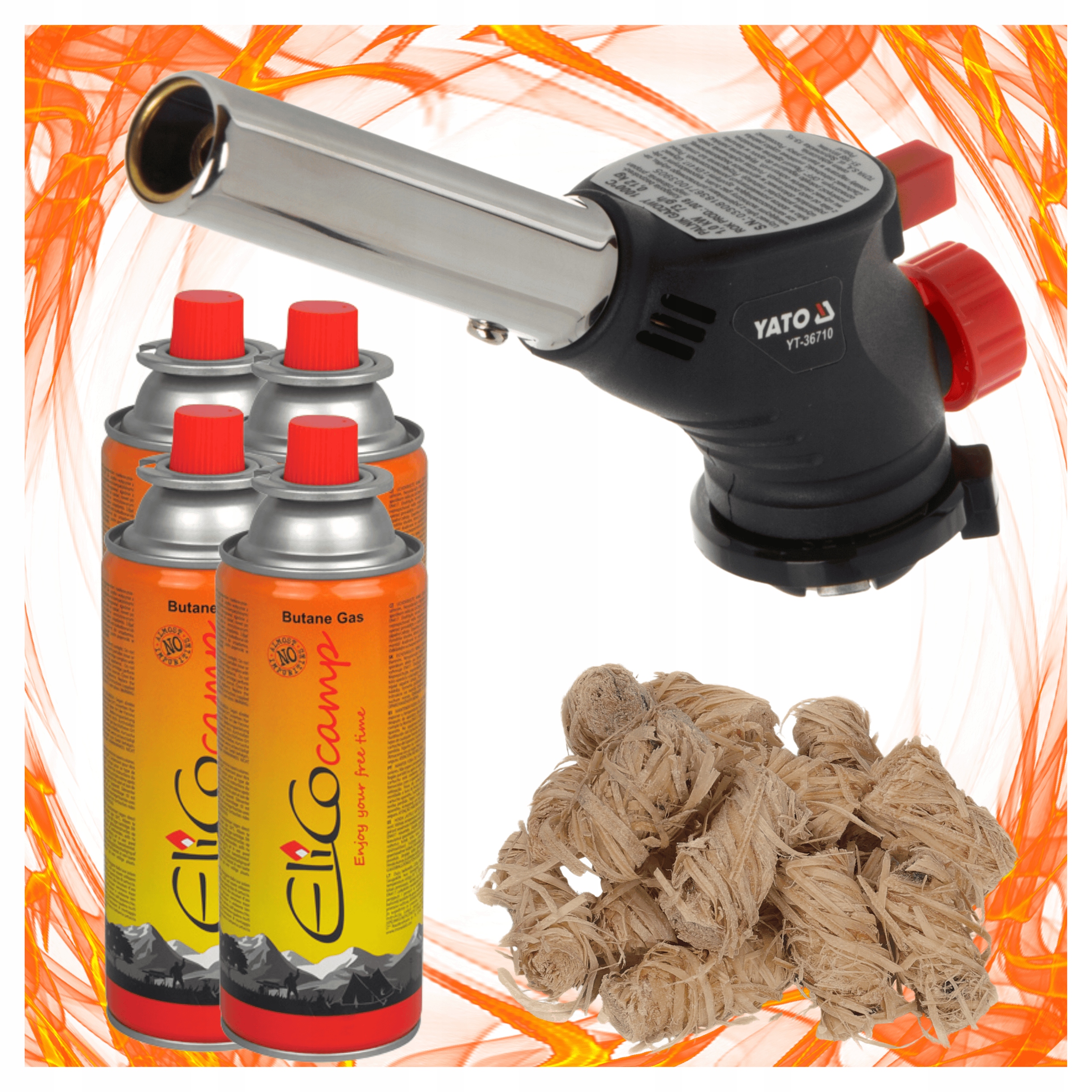 8d409d299dfbb02e367a387b3d2855eb.jpg Palnik Gazowy Piezo Yato 360° + 4x Kartusze Gaz Elico+ 10 szt Ekopodpałka - obrazek 1