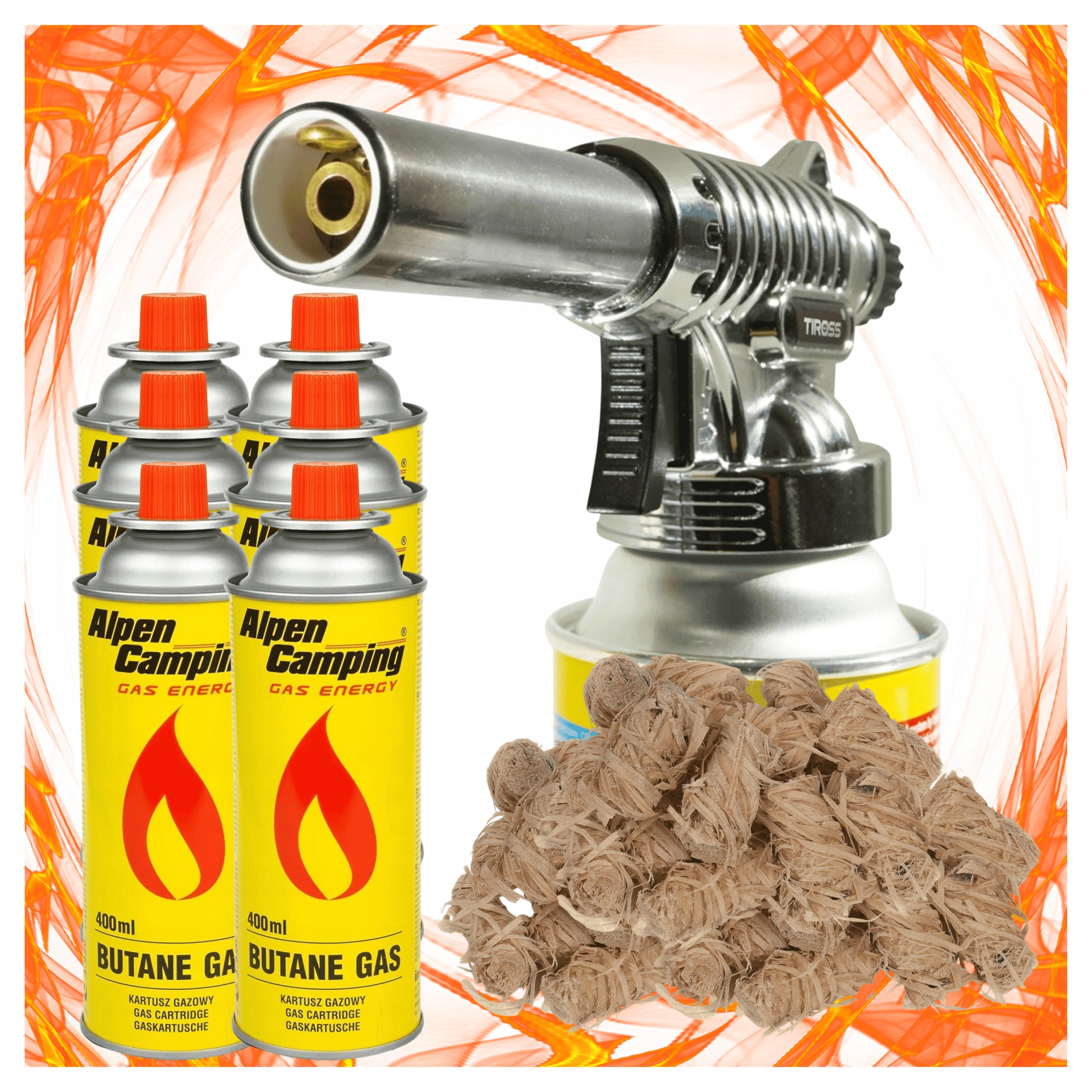 9a44db988349501a558bbb013bb136c0.jpg Palnik Gazowy Tiross TS708 Piezo + 6x Gaz Alpen + 20 szt Ekopodpałka - obrazek 1