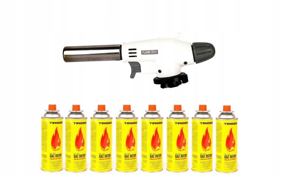 bf7824bd856653bafd6219966889287d.jpg Zestaw 8 x Gaz Kartusz TIROSS 400ml + 1 x Palnik FLAME GUN BIAŁY CERAMICZNY - obrazek 1