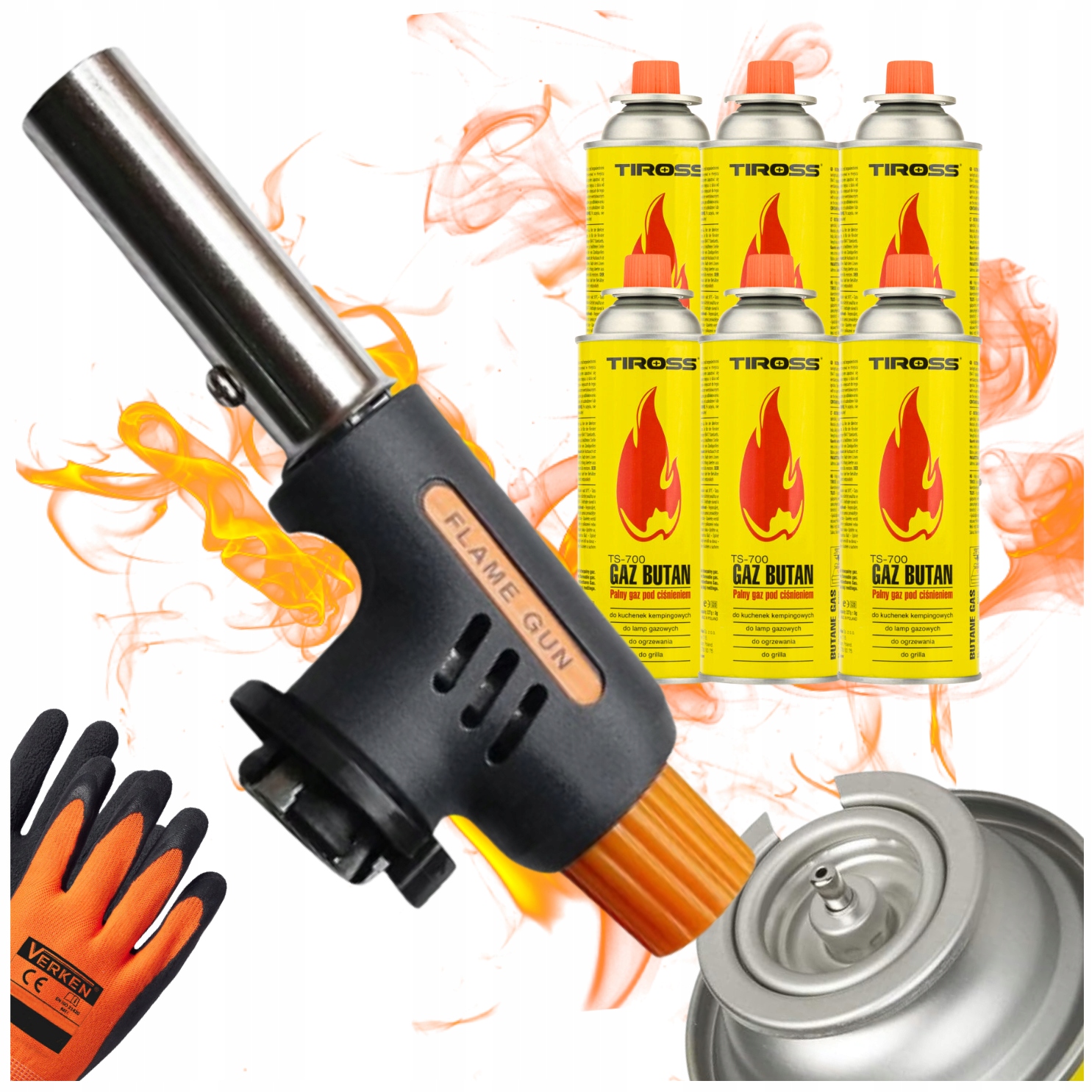 ffd5a60ddc61f6ffb25b51082ae3487e.jpg Palnik Gazowy Piezo Czarno-Pomarańczowy 6x Kartusz Tiross Rękawice Gratis - obrazek 1